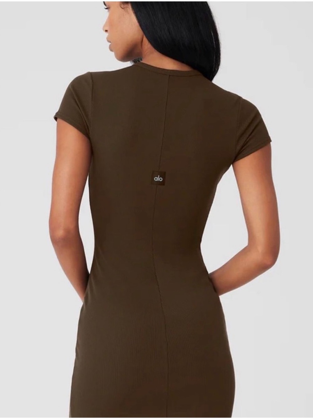 Alo Goddess Ribbed Espresso Short Sleeve Dress Medium